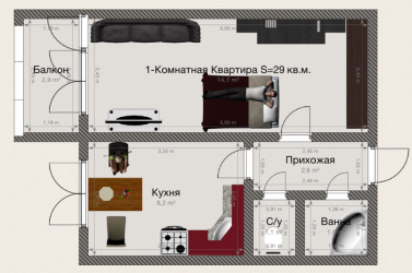 Однокомнатная квартира 29.2 м²